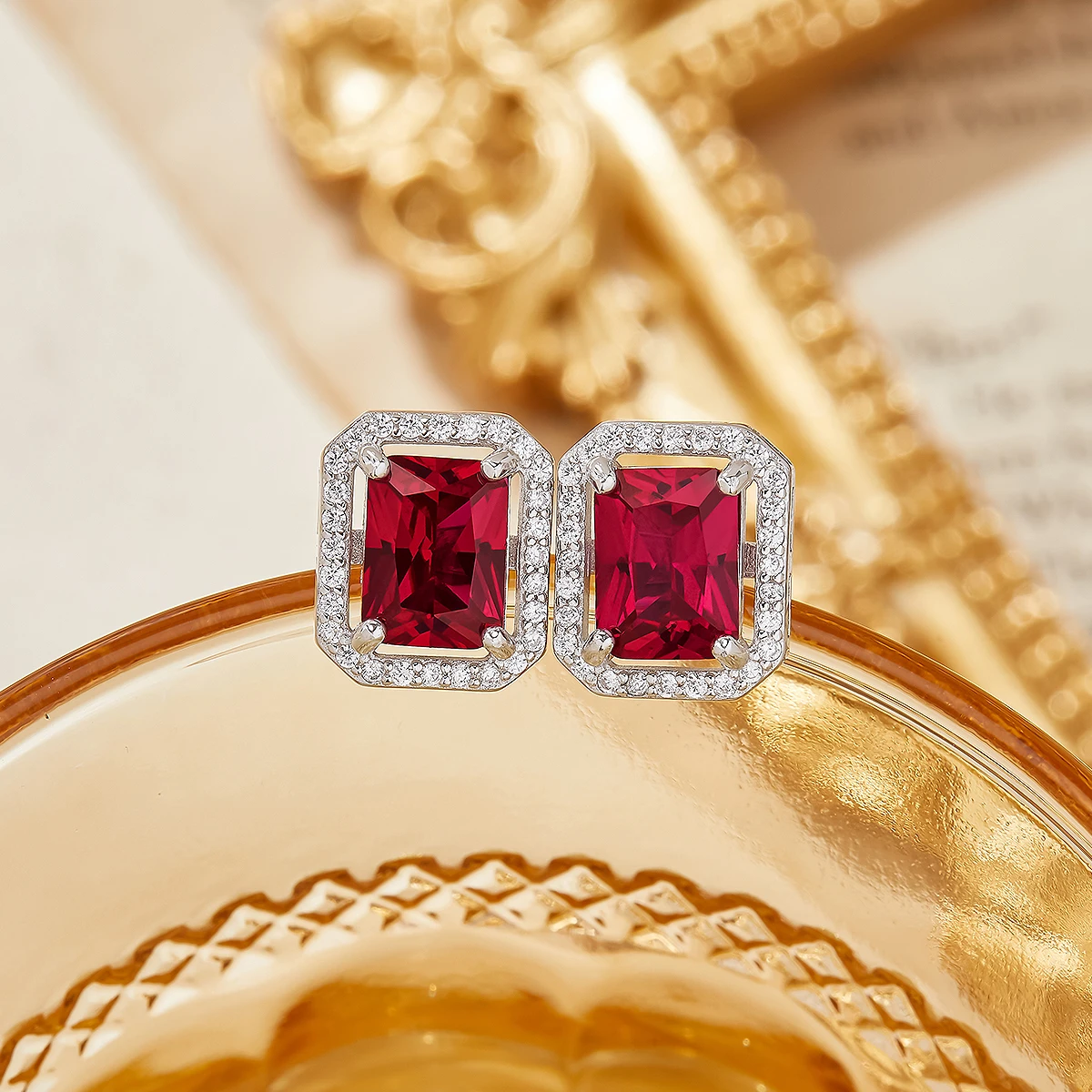 Halo Rectangle Radiant Simulated Ruby Studs Earrings July Birthstone Solid 925 Sterling Silver Earrings Gift For Her 6350005