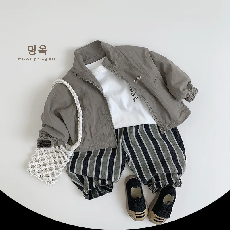 2024 Autumn New Children Loose Vintage Long Sleeve Coat Boys Casual Zipper Jacket Baby Girls Versatile Letter Tops Kids Clothes