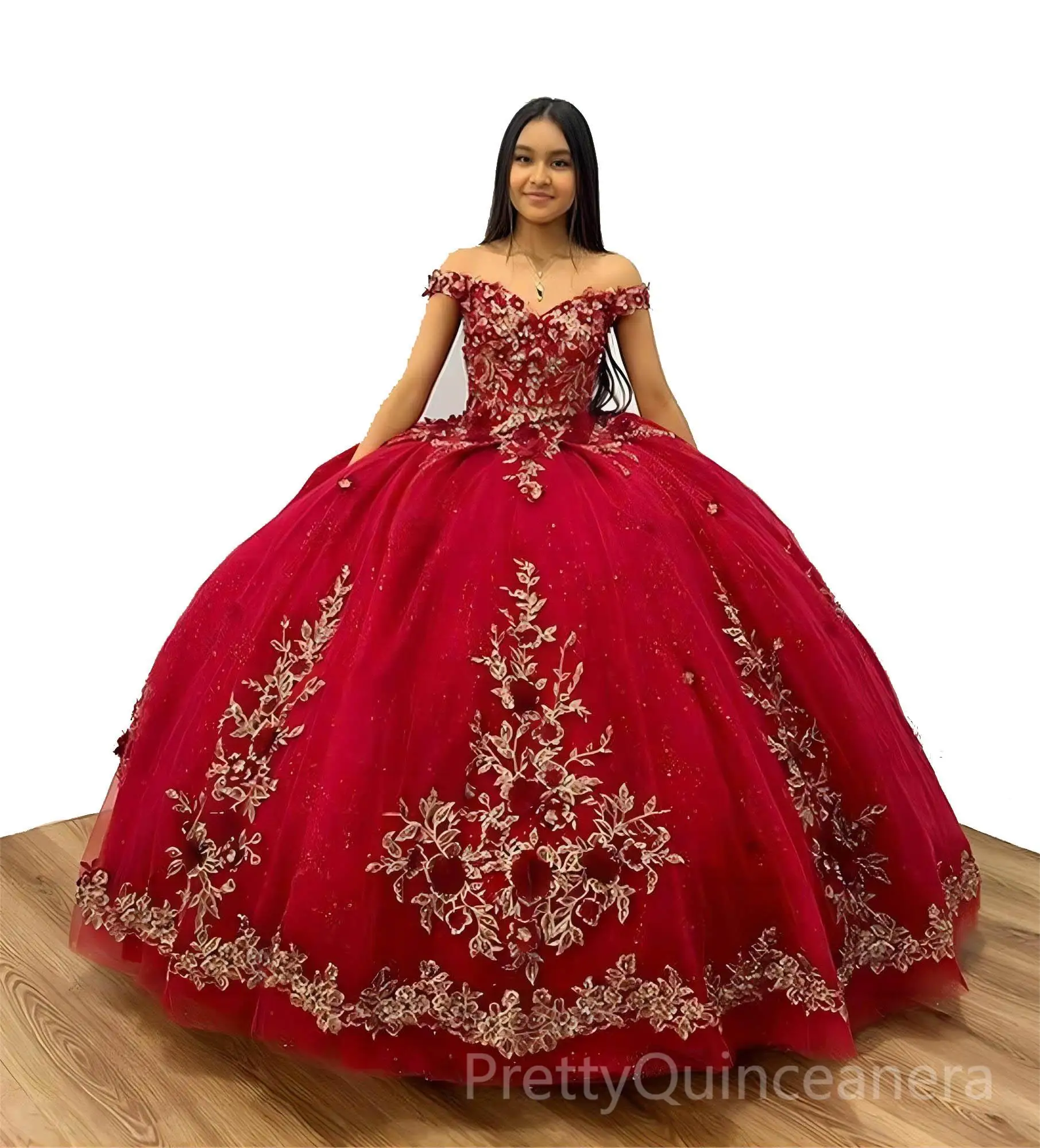 

Wine Red Off the Shoulder Removable Cape Quinceanera Dress with Gold Appliques and 3D Flowers Sweep Train Ball Gown for Sweet 15