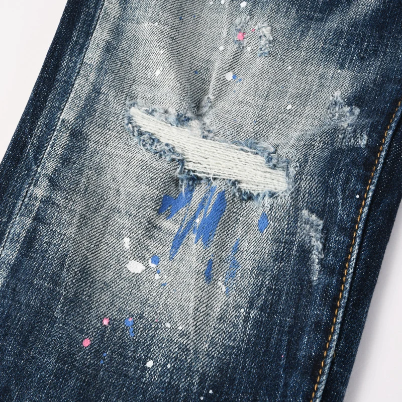Men's Dark Blue Vintage Distressed Skinny Jeans Mid-Waist Stretch Slim Fit Street Style Ripped Washed Splatter Paint Denim Pants