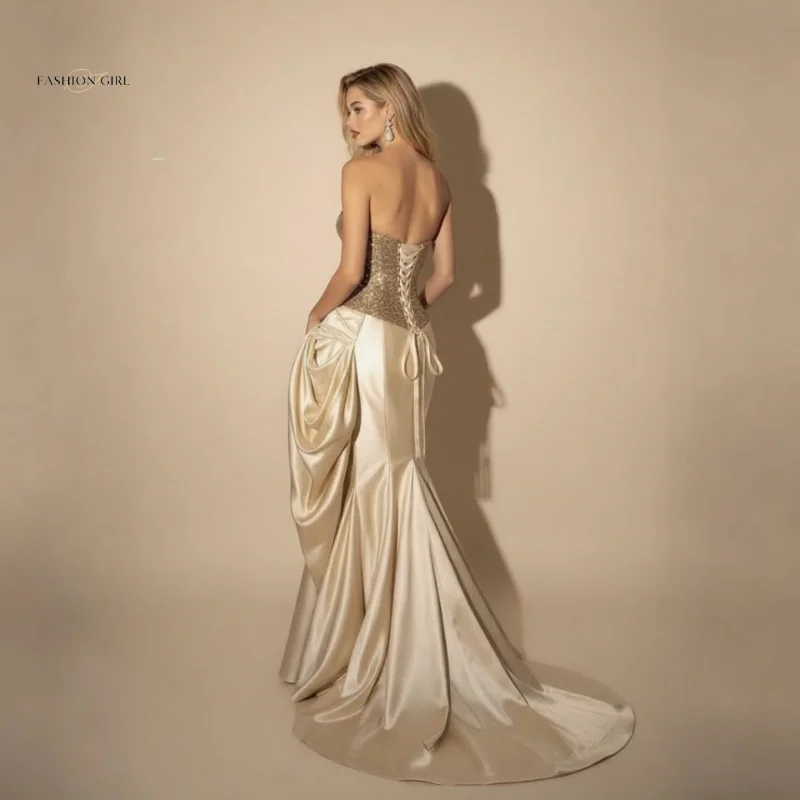 Maßgeschneidertes trägerloses goldenes Pailletten-enges Korsett-Satin-Abendkleid für Damen, luxuriöses langes formelles Kleid, Party, Hochzeitsgastkleid