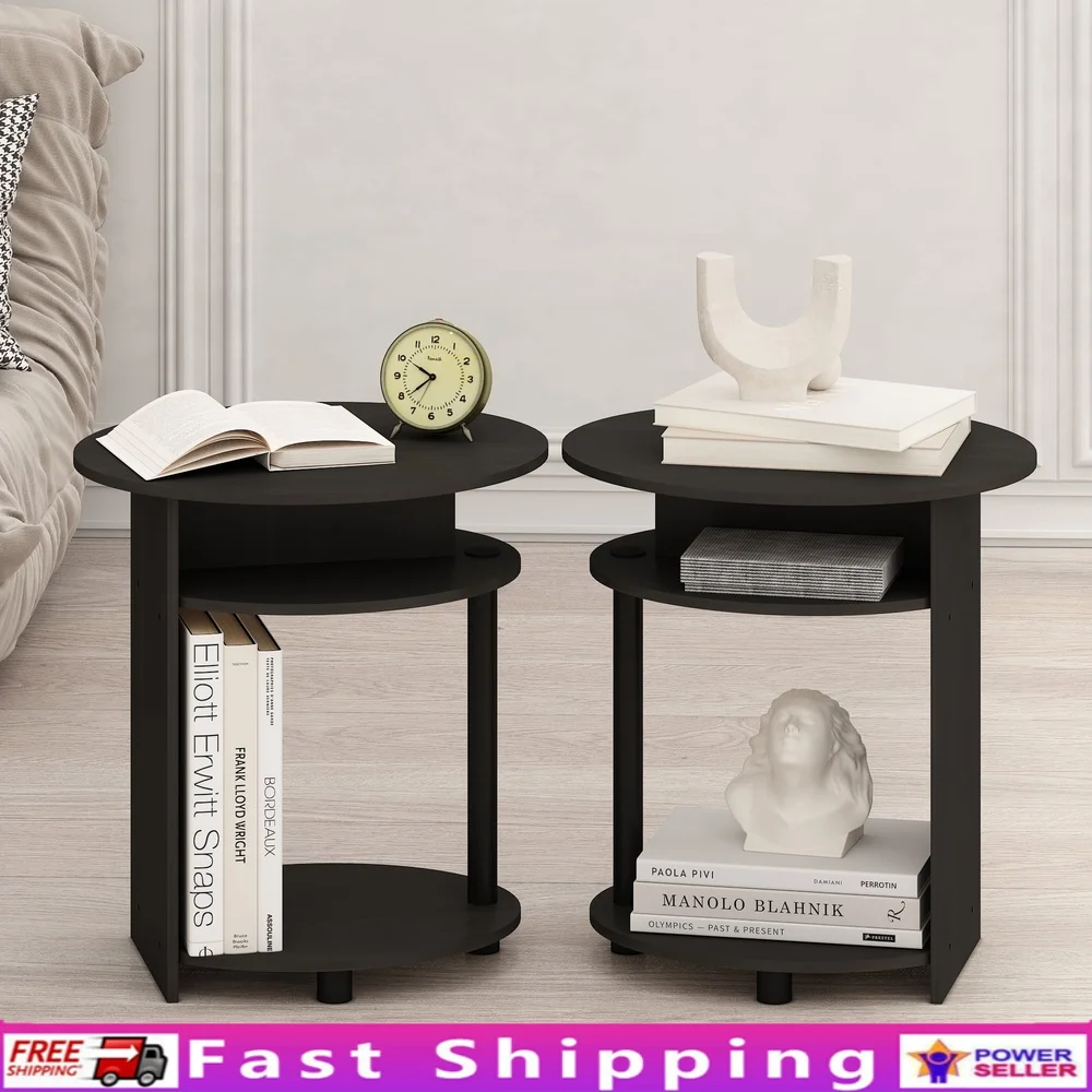 

Set of 2 Oval End Tables Black Walnut Storage Shelf Indoor Assembly Required Contemporary Design Perfect Sofa or Chair