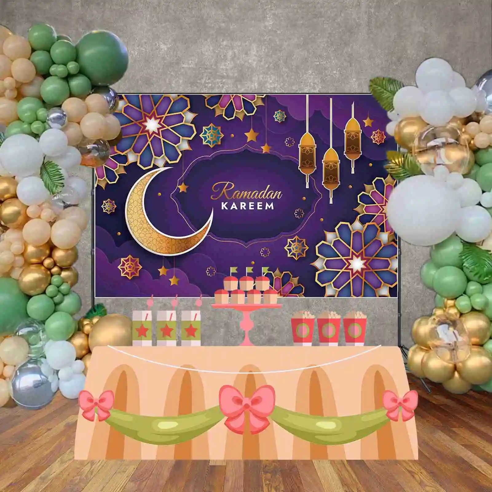 MOON.QG 2025 عيد الفطر رمضان مبارك خلفية ديكور الحفلات الإسلامية خلفية أزرق أرجواني المنزل استوديو الصور راية الدعائم