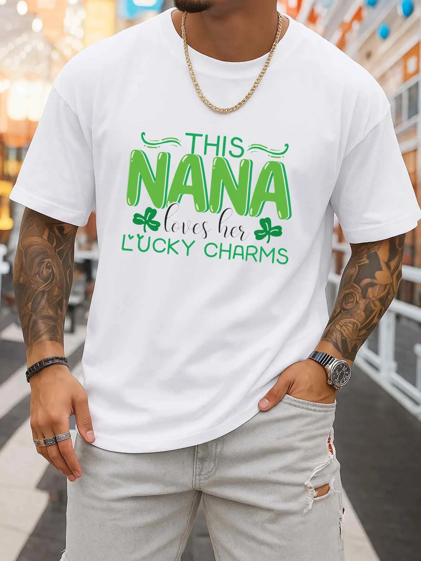 Men's Round Neck T-Shirt, White with a Charming Lucky Nana Design, Stylish and Humorous. Soft and Comfortable Fit, Perfect for Sports and Gifts, Especially for St. Patrick's Day.