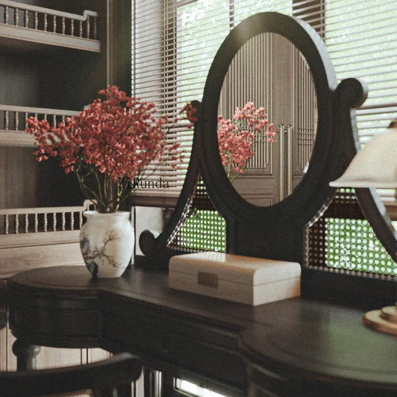 

Medieval French retro solid wood dresser rattan bedroom furniture black carved makeup table