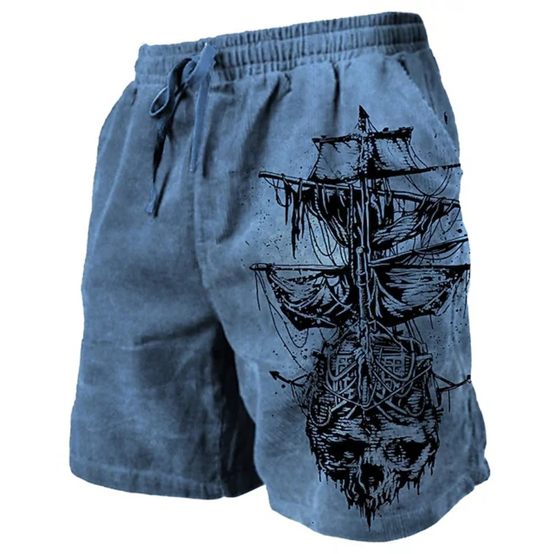 Tan Retro 3D Printed Men\'s Beach Pants Ghost Pirate Ship 2024 Men\'s Summer Breathable Shorts Fitness Street Drawstring Shorts