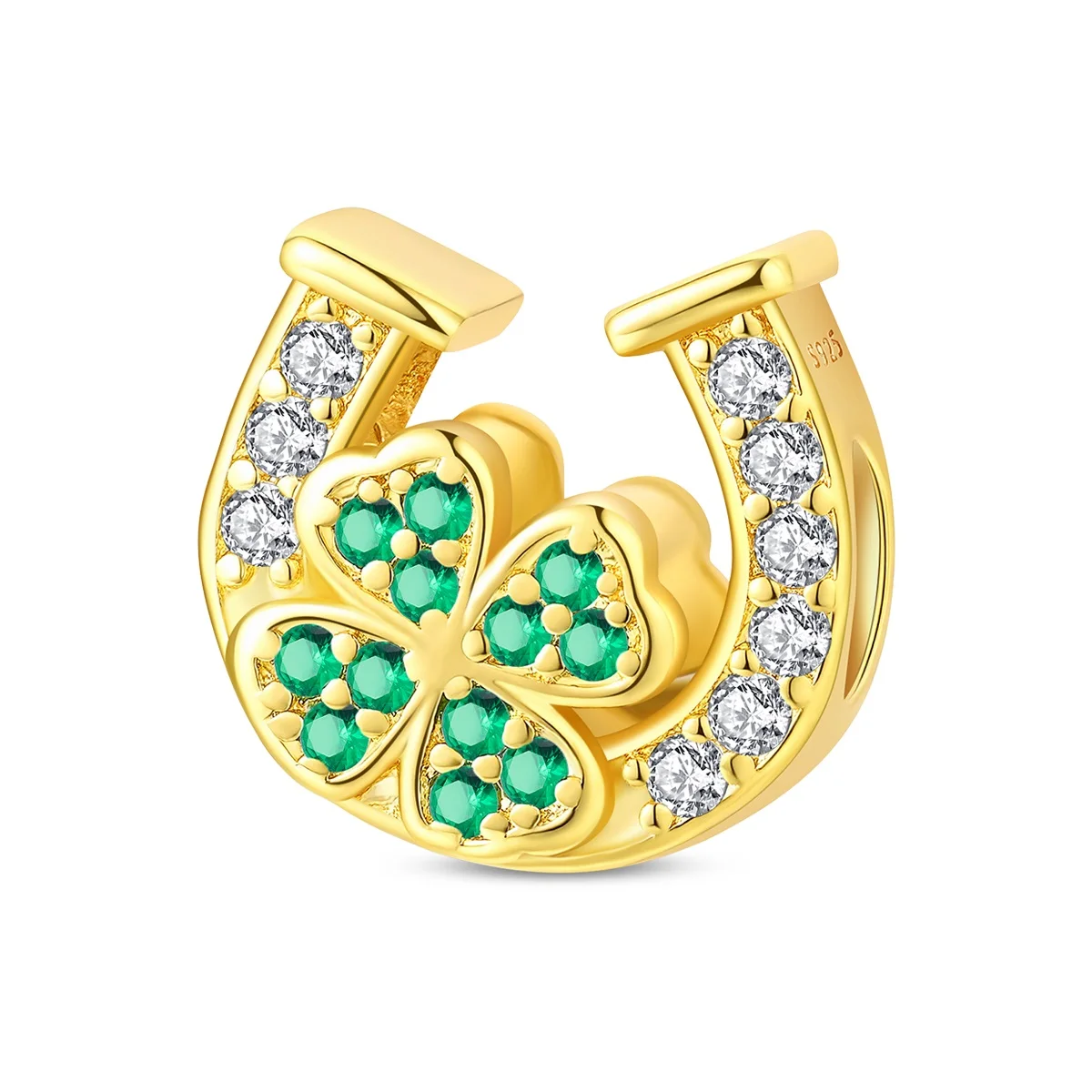 

925 Sterling Silver Golden Horseshoe & Shamrock Beads Green & Clear CZ Stones Good Luck Fit Bracelets Necklace Gift for Women