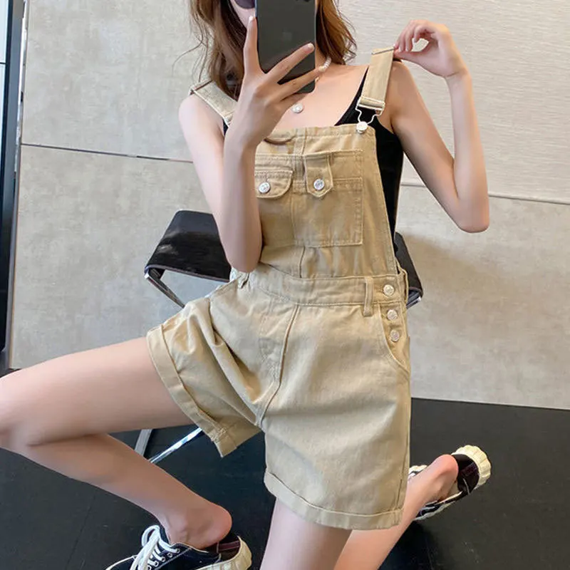 

Summer Khaki Overall Shorts Women Korean Fashion Street Trend Cargo Denim Backstrap Shorts Loose Rolled Edge Y2k Jean Shorts