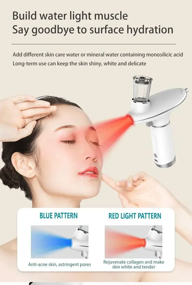 Portable Airbrush Water Nebulizer Smooth Red Blue Light Skin Rejuvenation Oxygen Injector Oxygen Meter Facial Beauty Sprayer