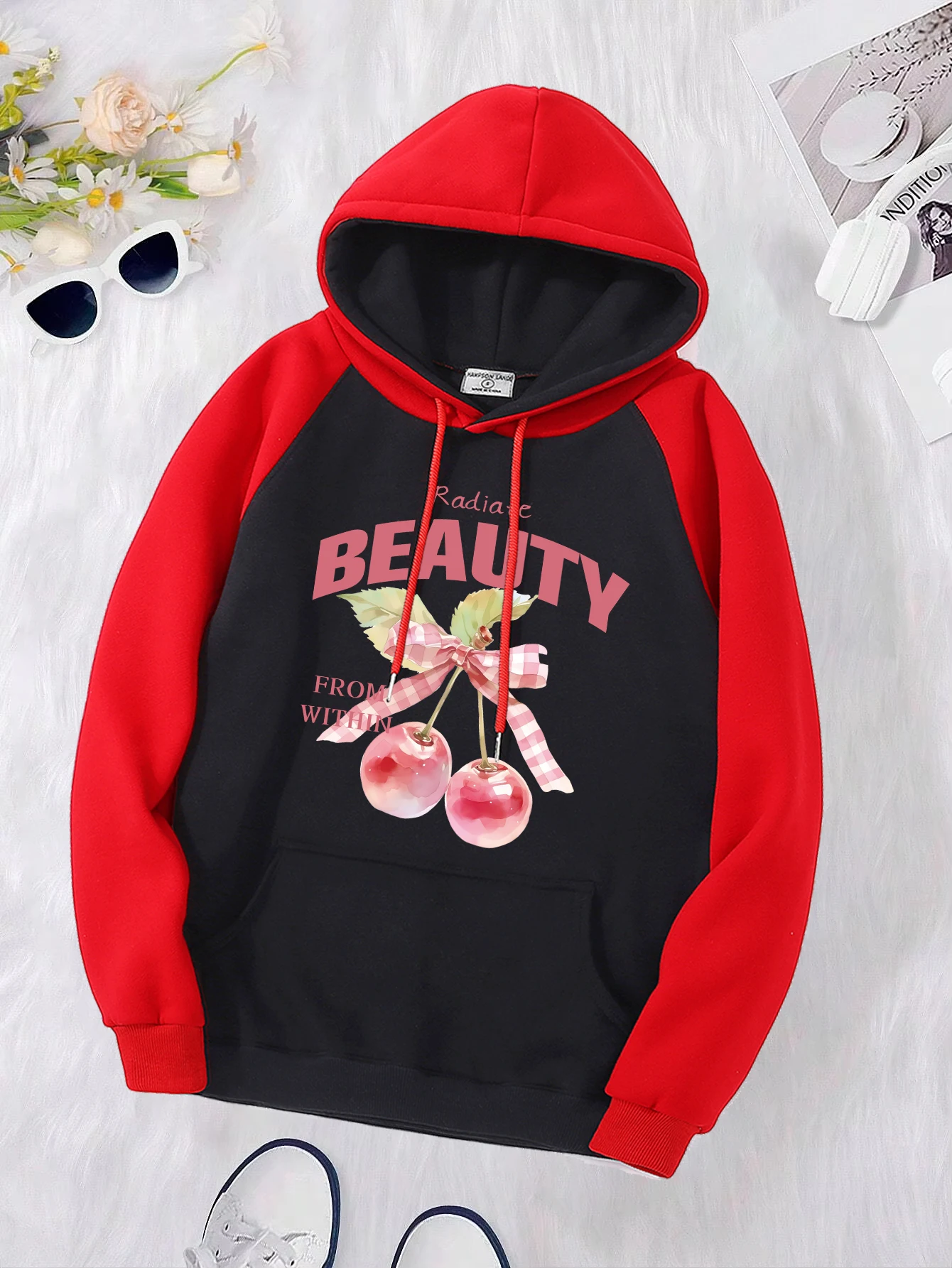 Beauty Pink Bow Cherry Prints Women Raglan Hoodie Vintage Autumn Streetwear Soft Comfortable Hoody Fleece Pocket Pullover