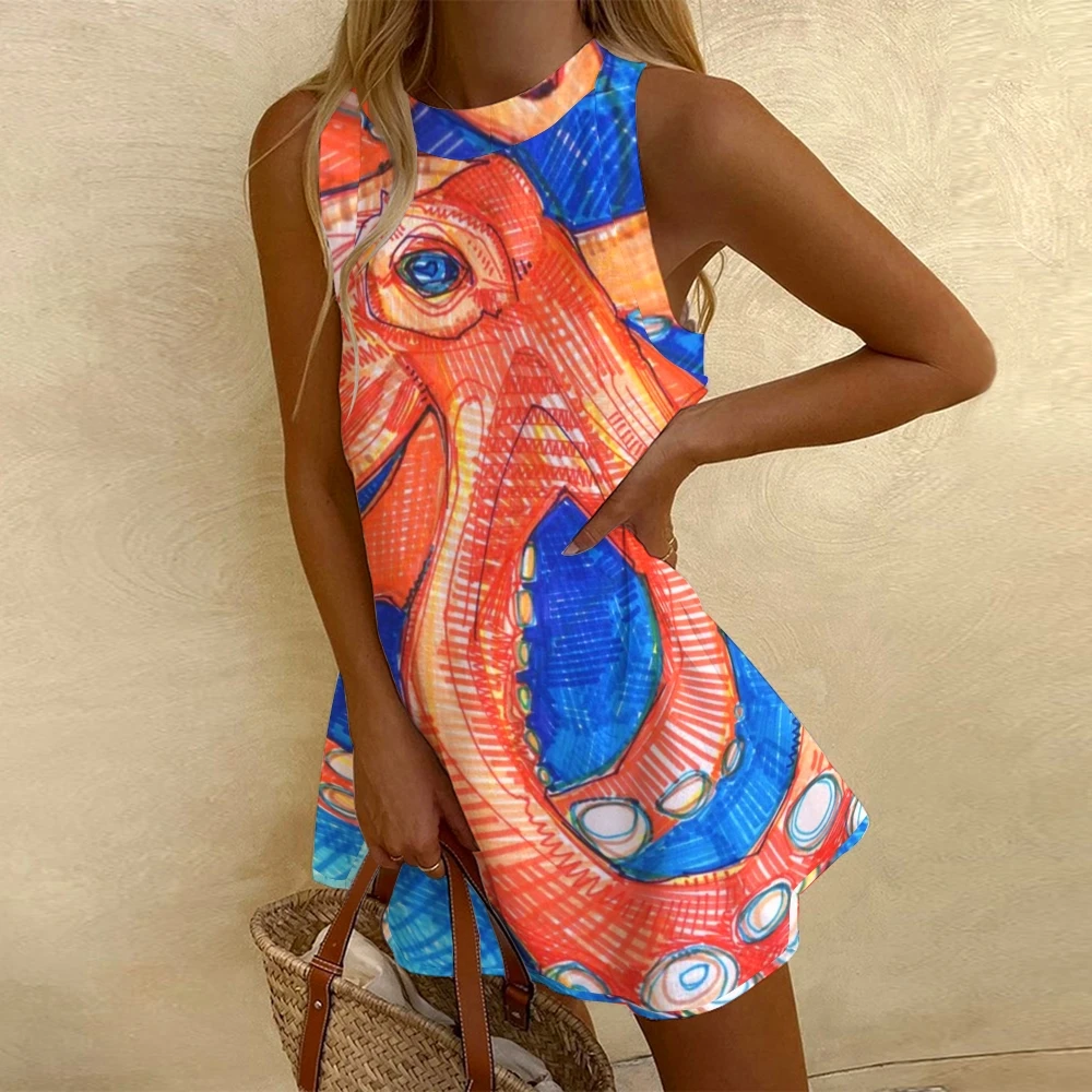 

2025 Spring Autumn Vintage Octopus Digital Print Maxi Dress Office Lady Mujer Elegant Sleeveless O-neck Dresses For Women