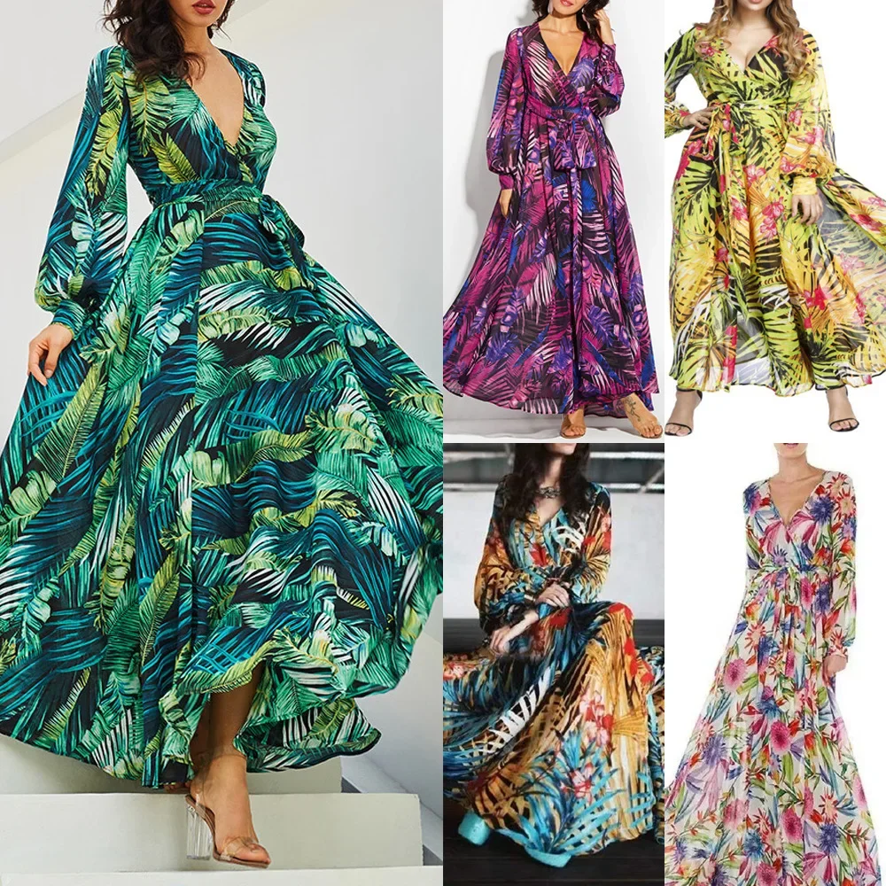 Лето 2024, новое трансграничное европейское платье Amazon с рукавами-фонариками, сексуальное платье с глубоким V-образным вырезом и принтом, длинное платье зеленого листа