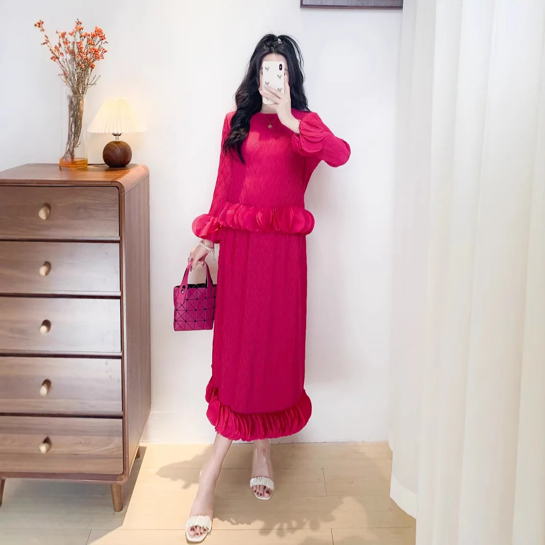 Top de manga de pétalo con cuello redondo + falda de medio cuerpo de Color sólido con cintura elástica conjunto de dos piezas Miyake 2025 novedad de verano traje de mujer