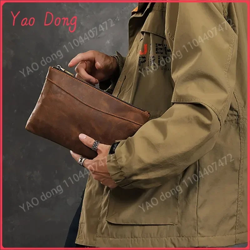 Yao Dong Genuine Leather Men's Clutch Wallet Male Zipper Business Daily Hand Bag Large Capacity Purse For Man Phone Pouth Belt B