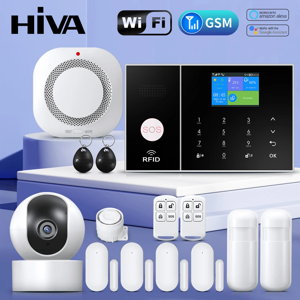 HIVA-Sistema de alarme de segurança para casa, kit anti-roubo, sensor de porta PIR, trabalhar com Alexa, GSM, Wi-Fi, Tuya Smart Life App Control