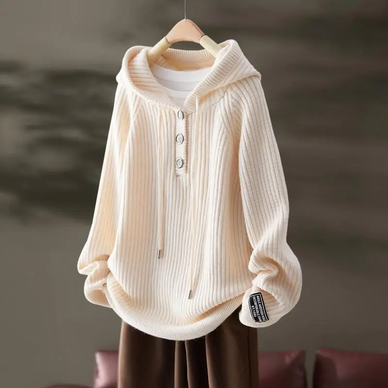 2023 Autumn Female New Thread Pullover Long Sleeve Hooded Knitwear Women\'s Commuter Sweater Loose and Slim priming Top Pullover