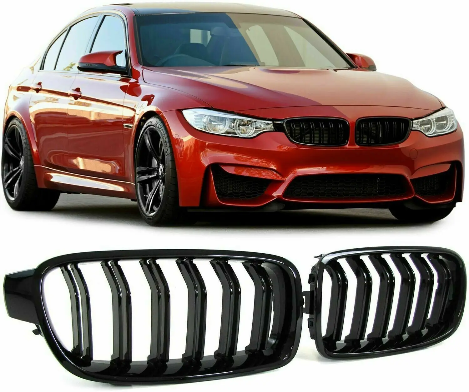 FITS BMW F30 F31 F35 3 SERIES 2011-2019 KIDNEY TWIN GRILL GLOSS BLACK DUAL LINE UK