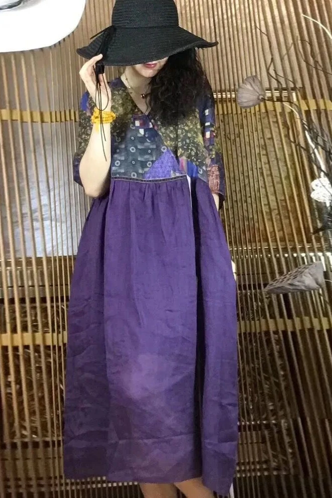 Été coton lin grande taille imprimé Dr vêtements pour femmes v-ne a-ligne longue Dr confortable taille ample T-shirt Sle