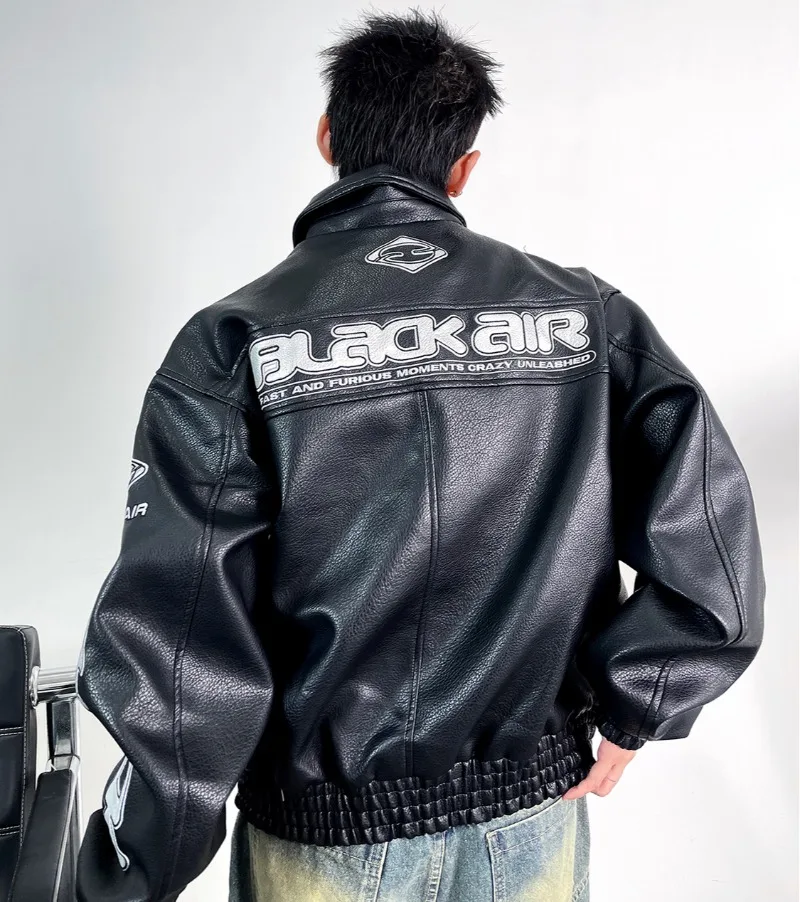 Streetwear Embroidered PU Leather Jackets for Men Loose Moto Biker Jackets Racing Coats Windbreaker Fashion Men Bomber Jacketss