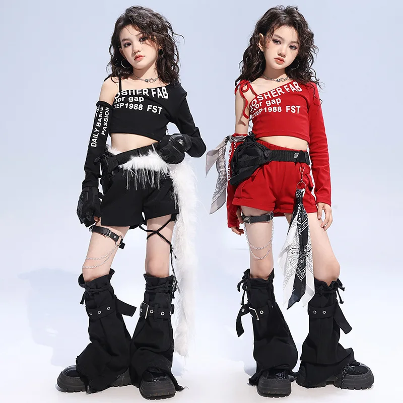 Kind Kpop Hip Hop Kleidung Mädchen Jazz Dance Wear Kostüme Kleidung Rot Schwarz Eine Schulter Crop Top T Shirt Straße Cargo-Shorts