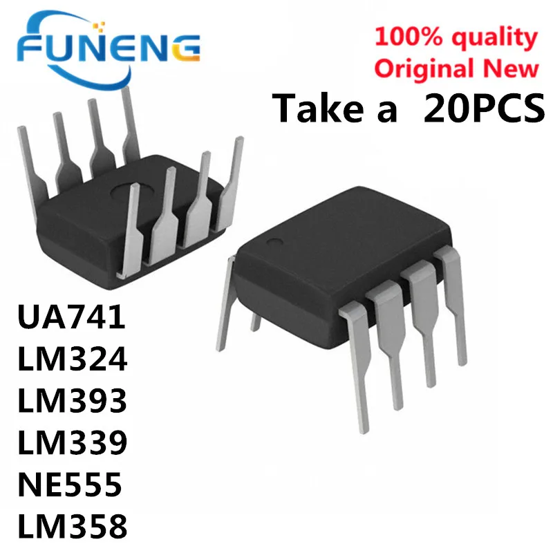 20PCS UA741 LM324 LM393 LM339 NE555 LM358 LM358P LM358N LM324N LM339N LM393N NE555P UA741CN DIP8 DIP14 Amplifier Circuit New IC