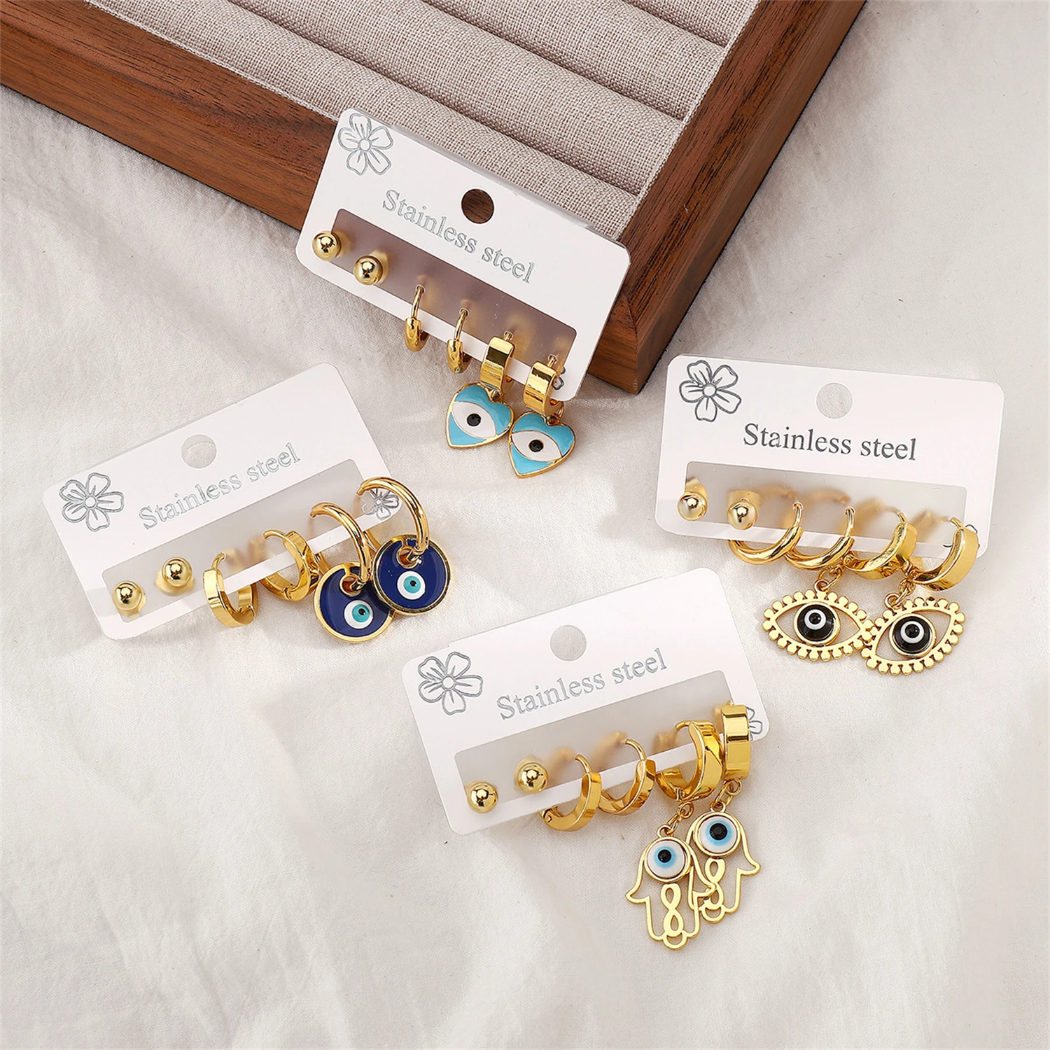 

WAKA 2025 Women's Stainless Steel Earring Sets Evil Eye Hamsa Heart Hoop Multi-Design Trendy Chic Fashion Jewelry