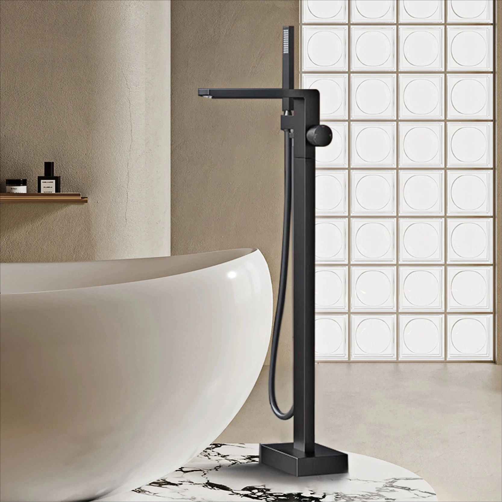 

Luxury Black Brass Bathroom Faucet Floor standing Design Single Handle Hot and Cold Water Embedded Design Simple Bathtub Mixer