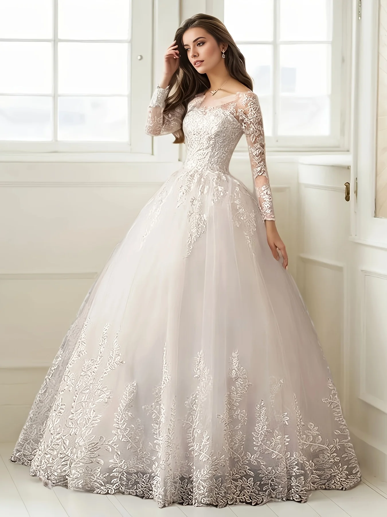 カスタムメイドのオフショルダー軽量高級Aラインウェディングドレス、絶妙なコントラストレース刺繍のエレガントなパーティードレス