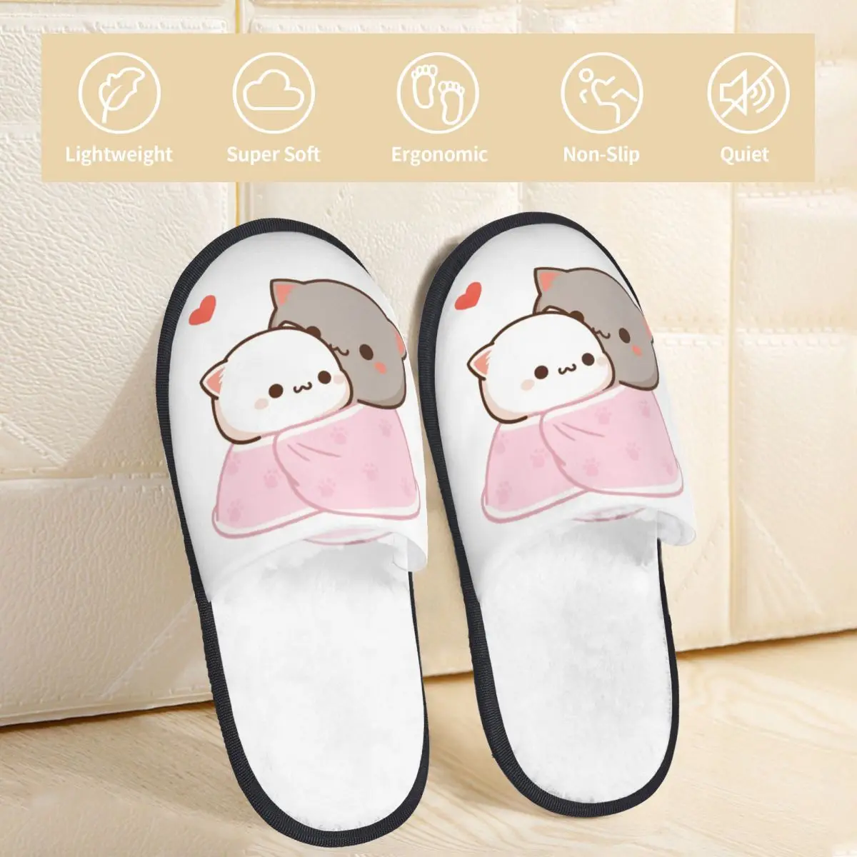 Cute Peach And Goma Cuddling House Slippers Anti-skid Mochi Peach Cat Cozy Memory Foam Slippers Living Room