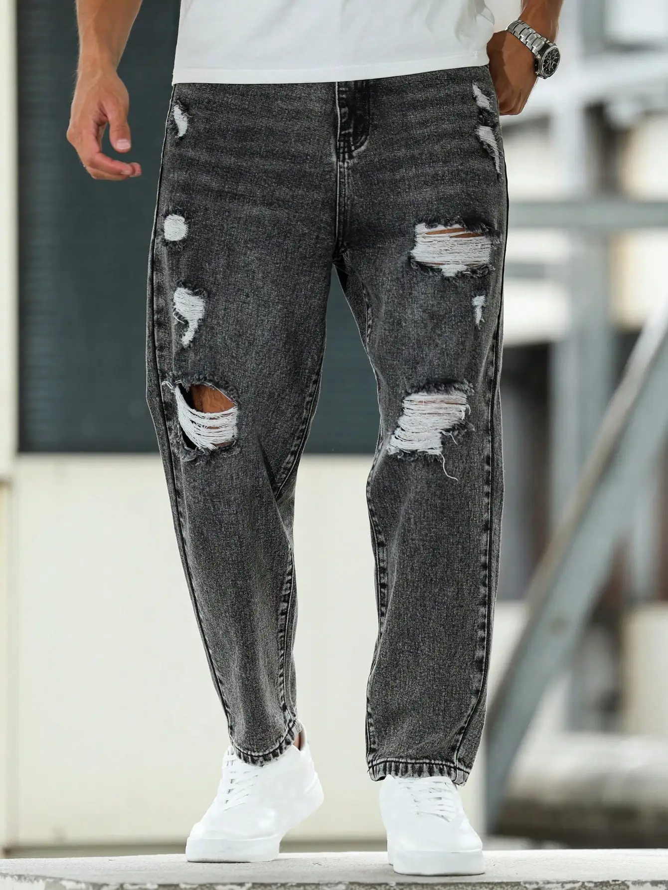 جينز ممزق للرجال لفصل الربيع والخريف، سروال حريم رمادي داكن. أسلوب الشارع. الاتجاه غير الرسمي. #3