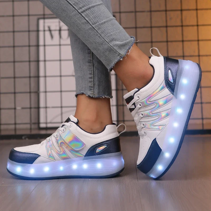 أحذية تزلج دوارة وامضة للأطفال مع عجلتين أحذية تزلج أوتوماتيكية غير مرئية أحذية رياضية للأطفال قابلة للتنفس