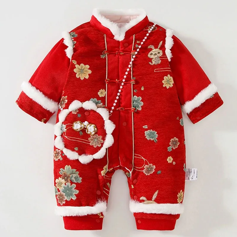 冬の幼児女の子服中国の新年漫画かわいい花暖かい厚いフリース赤ジャンプスーツロンパース赤ちゃん新生児アイテム-b379