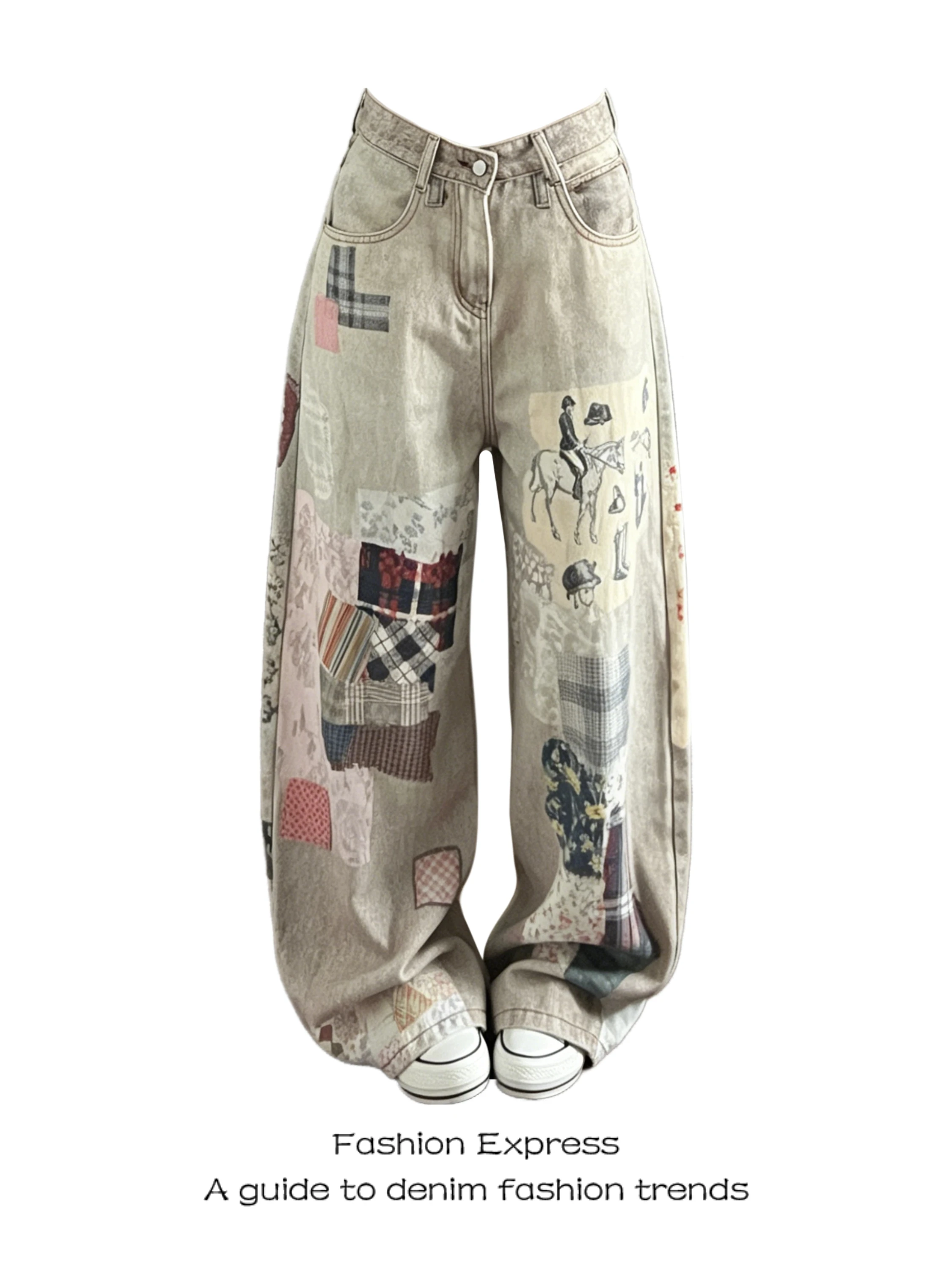 

Casual High Waist Wide Leg Denim Jeans Women's Fun Graffiti Print Loose Street Style Versatile Casual Knife Pants