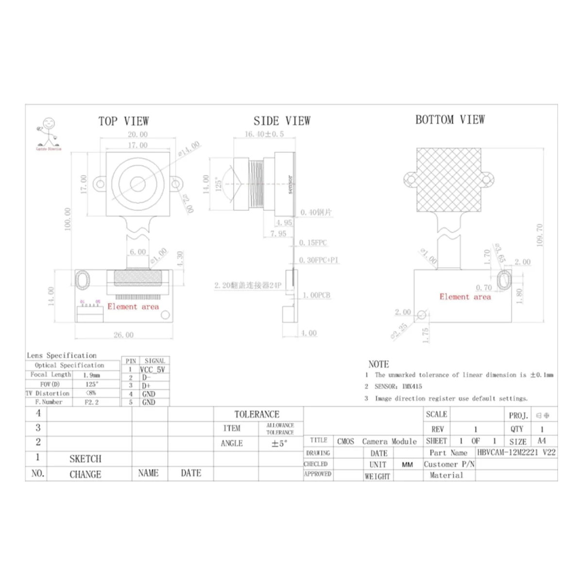 Módulo de câmera SCLS 4K HD 8Mp IMX415 30FPS FPC com grande angular(95 ° )