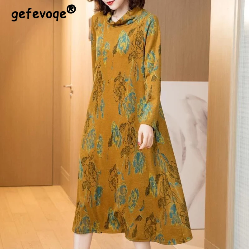 Primavera autunno moda donna stampa floreale oversize stile etnico abiti eleganti Casual mezzo collo alto manica lunga vestito Midi