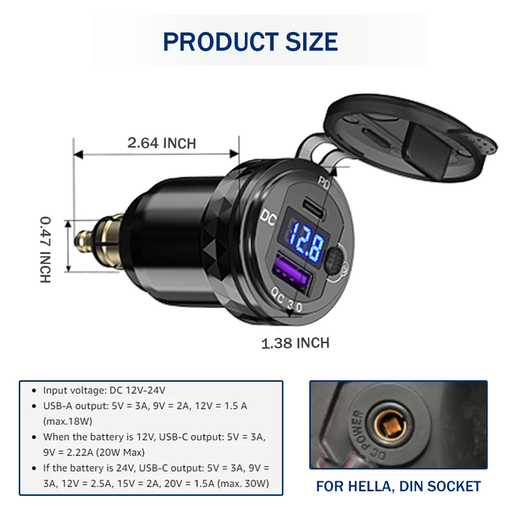 Carregador rápido usb de alumínio para motocicleta, adaptador pd tipo-c qc 3.0, soquete hella din para bmw r1250gs adv r1200gs r1200rt r9t r1300gs