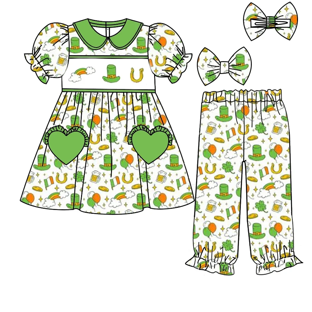 Saint Park Day Special Children's Set Short-Sleeved Rainbow Hat Four-Leaf Clover Print Pants Girl and Boy Set Robe
