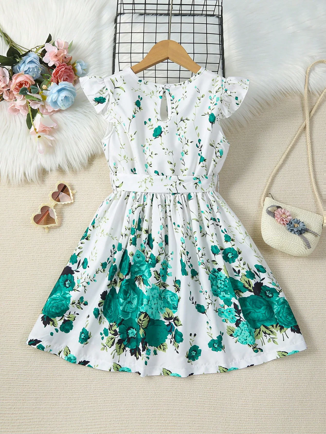 

Women's Green Floral Print Round Neck Cap Sleeve Cinched Waist A-Line Midi Dress Summer
