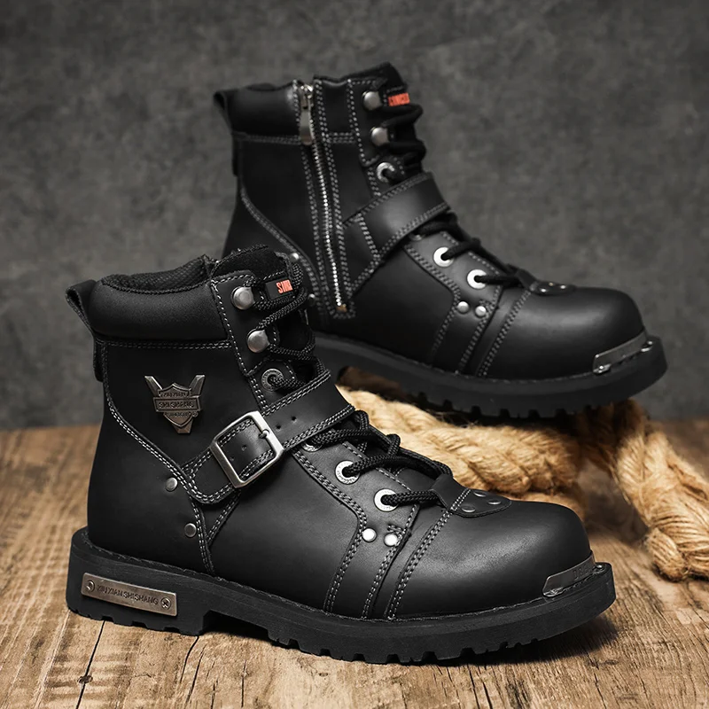 Men Snow Boots Metal Rivets Low Heel High-Top Boots Men's Leather Winter Cotton Shoes Trend Punk Rock Knight Motorcycle Boot