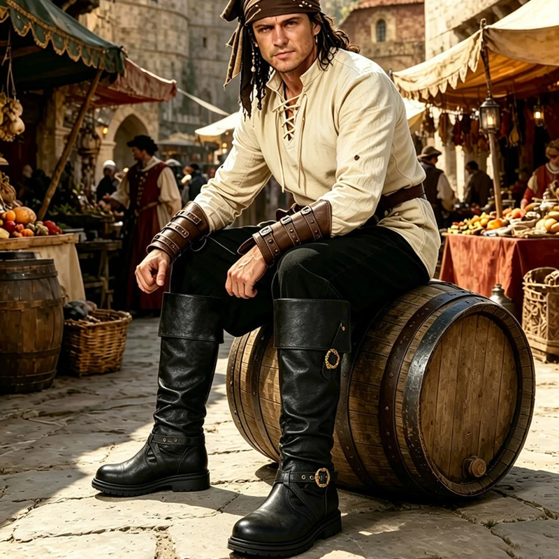 Medieval Leather Boots Jack Sparrow Renaissance Half Haddock Shoes Cosplay Larp Pirate Warrior Vintage Jackboot Adult Men MSH101