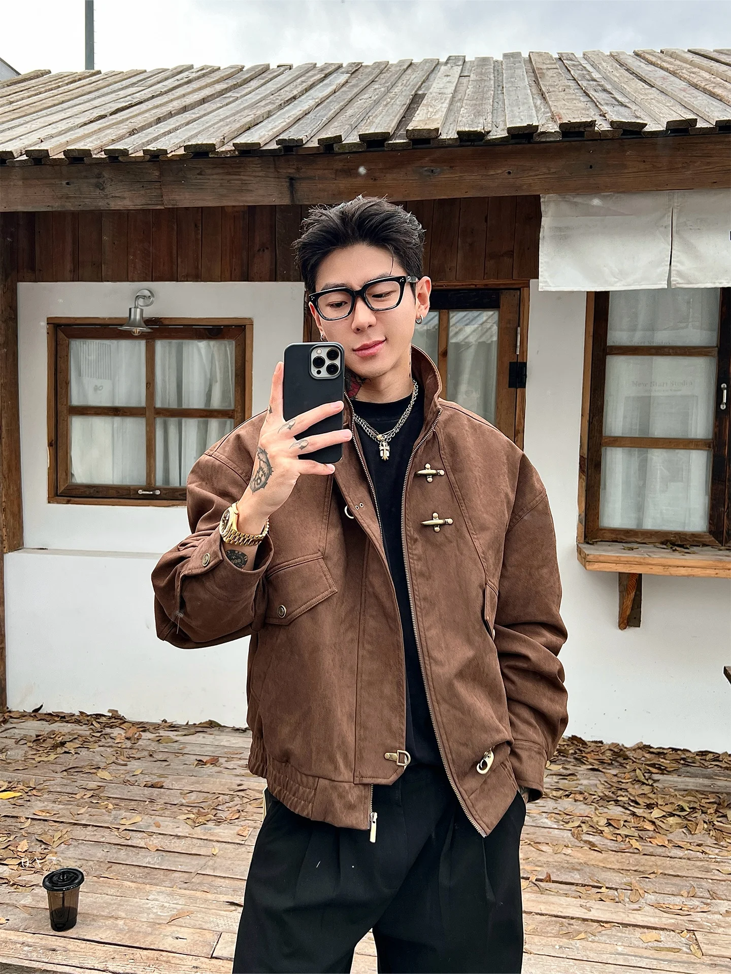 

OXFREAK Plum Blossom Aircrt Bule Dyed Suede Men's Winter Warm Pilot Jaet Cotton Workwear Youth Faion Stand Fit