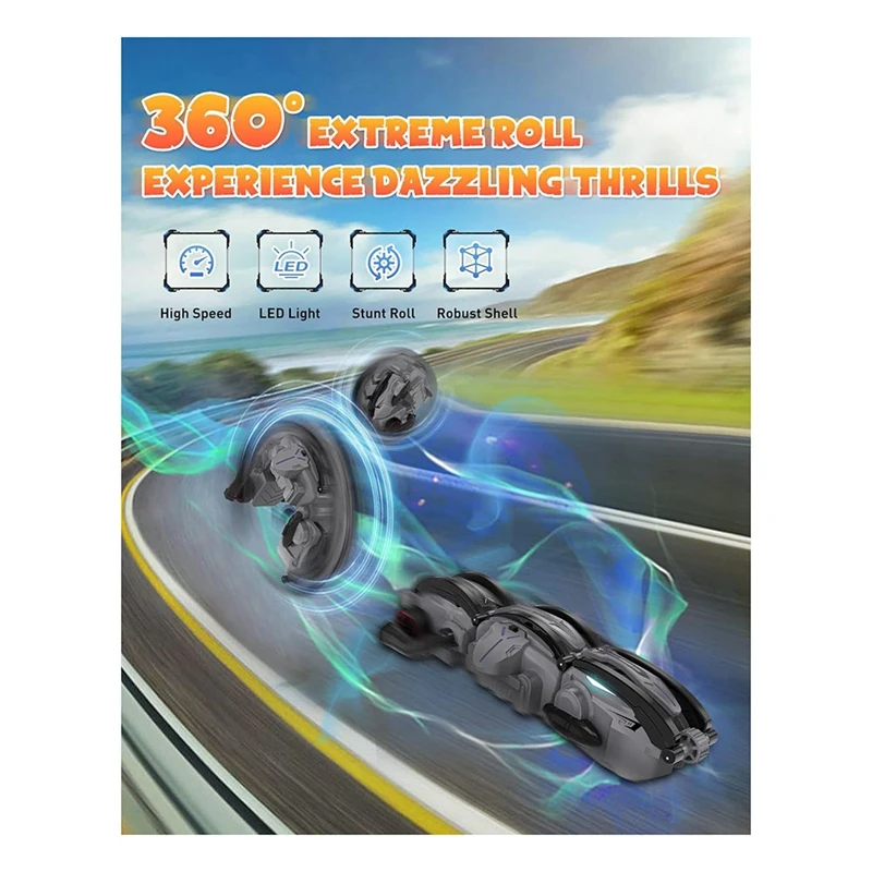 Remote Control Car RC Cars, RC Stunt Snake Car, 360° Roll Rotation Car Toys With LED Lights For Kids Ages 6+, Grey Replacement