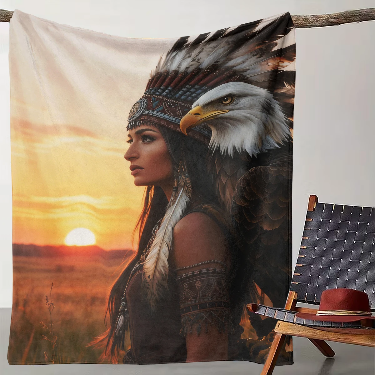 

1 Sunset Eagle Language/Indian Style Blanket Suitable for Camping, Living Room, Office, Chair, and Bed