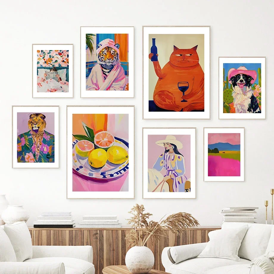 2026 Fashion Tiger Funny Cat Woman Field Watercolour Canvas Painting Nordic Wall Art Poster Print Frameless for Room Home Decor