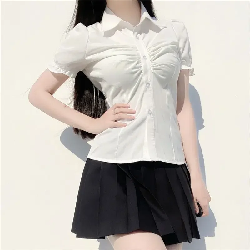 Puff Short-sleeved Shirts for Women Preppy Style Chic Popular Classic Ins All-match Folds Design Summer Leisure Basic Daily Cozy