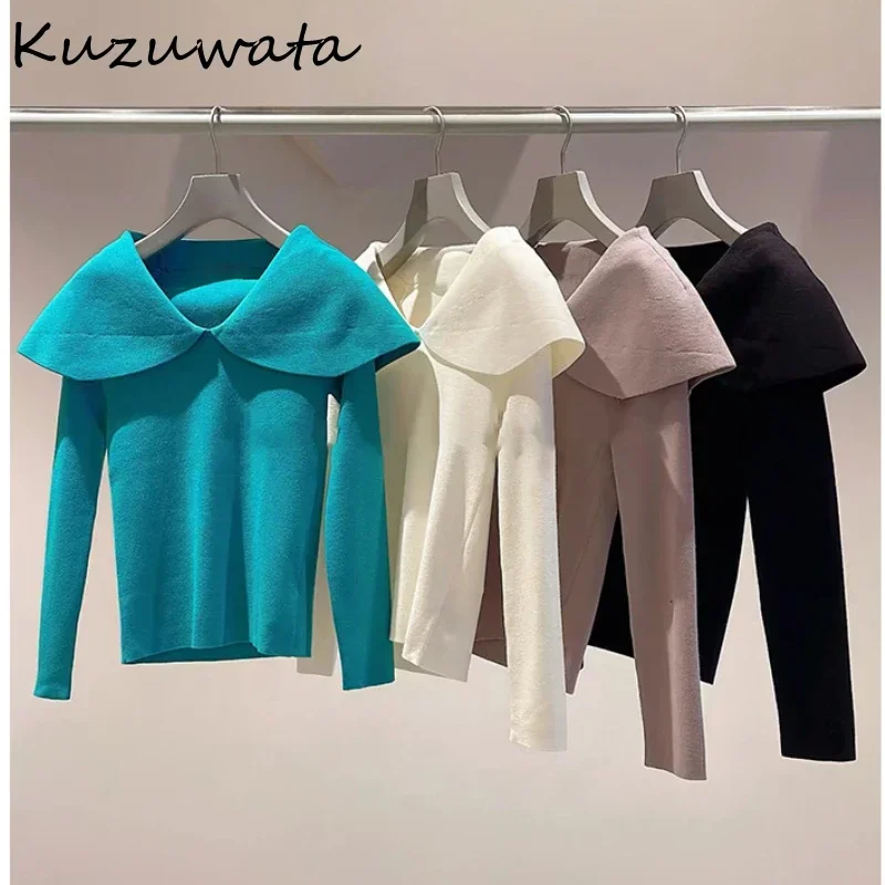 Kuzuwata Turn-Down Colla Long Sleeve Woman Sweaters Temperament Soild Slim Fit Pullovers Japan Knit Fashion Elegant Pull Femme