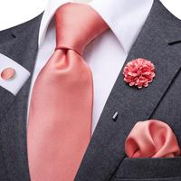 Coral Red Solid Mens Necktie Luxury 8.5cm Wide Silk Wedding Tie Pocket Square Cufflink Set Brooch Gift For Men Hi-Tie Designer