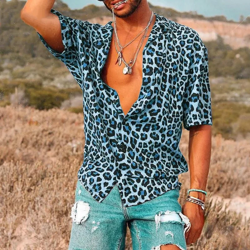 Summer Men's Leopard Print Shirt Fashion Trend Short Sleeve Casual Loose V-neck Button Top T-shirt Club Party Casual Top