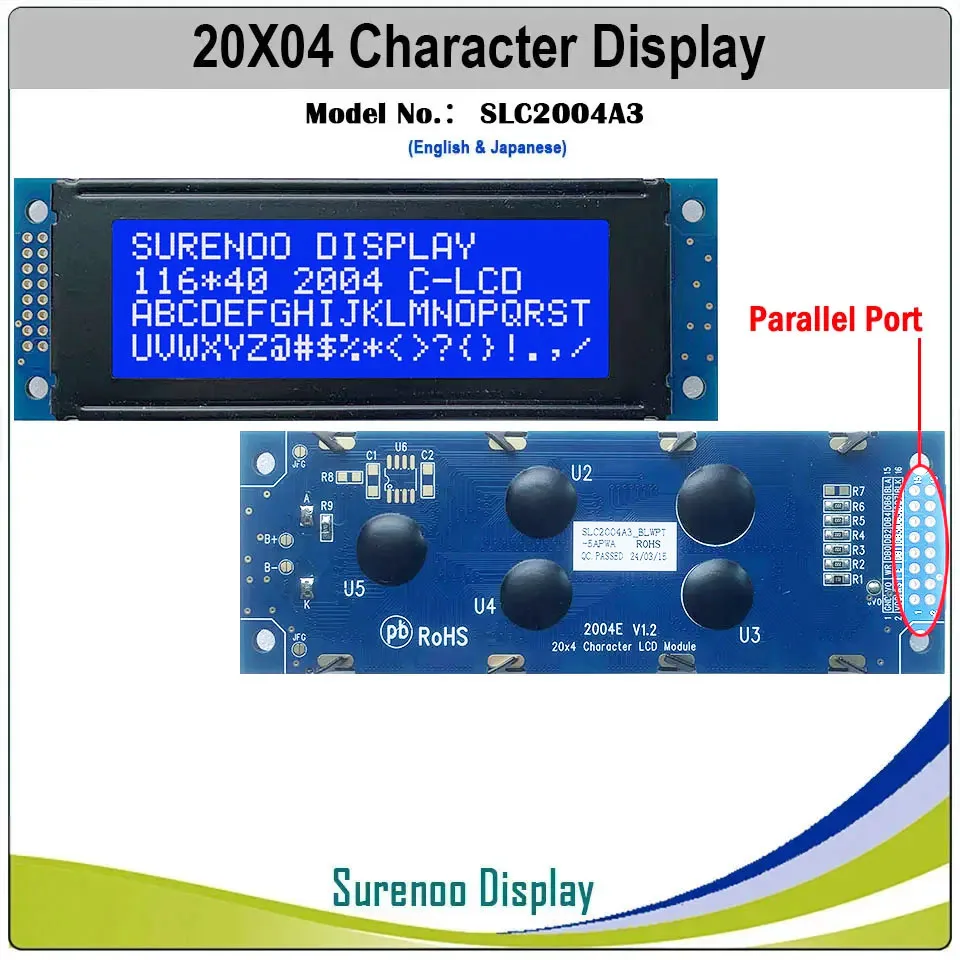 Surenoo 116*40mm 2*8pin 204 20x4 2004 6800 iic i2c personagem módulo lcd tela de exibição lcm branco led backlight inglês japonês