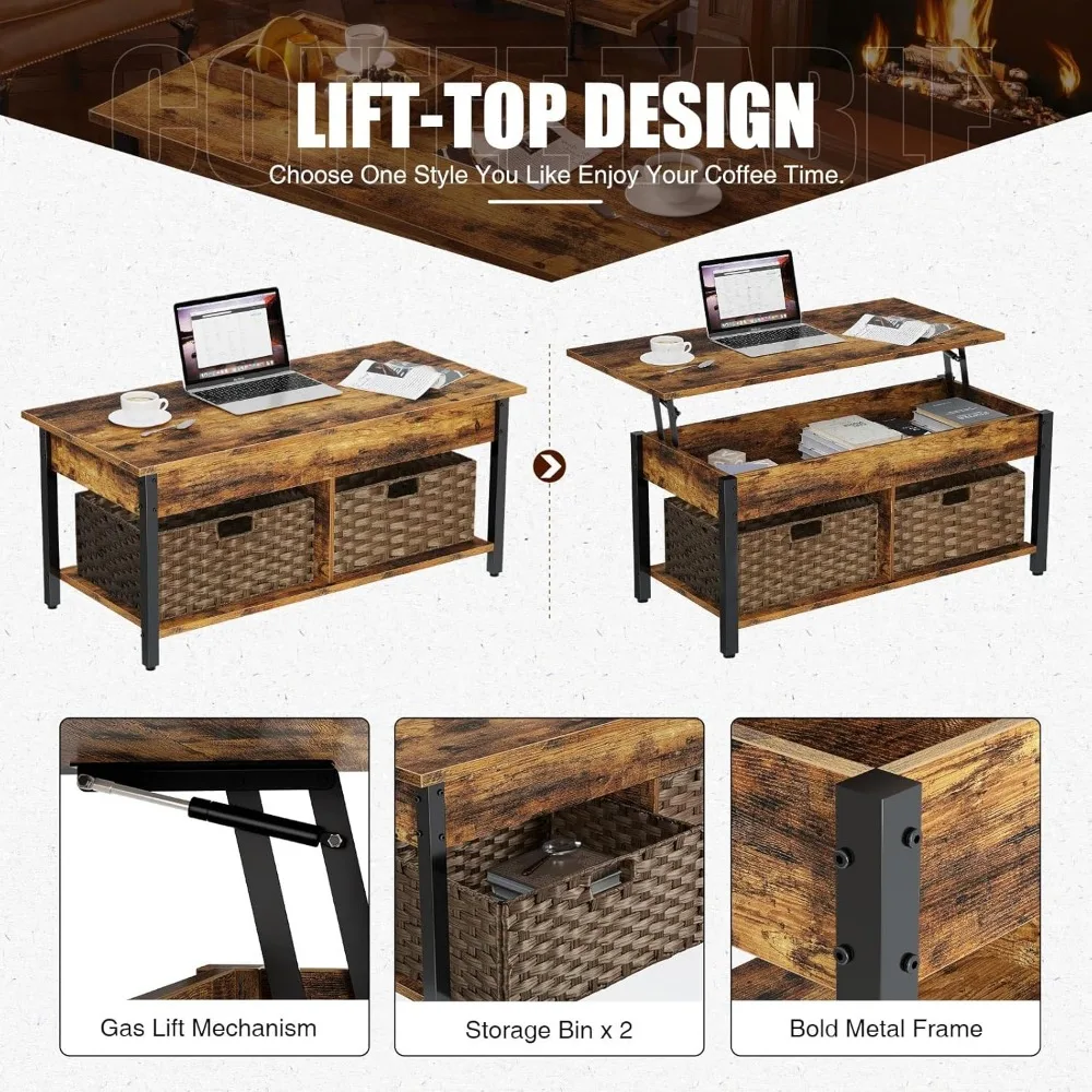Piano sollevabile per tavolino da caffè con scomparto portaoggetti nascosto e 2 cestini in rattan, piano centrale in legno retrò da 41,7 pollici